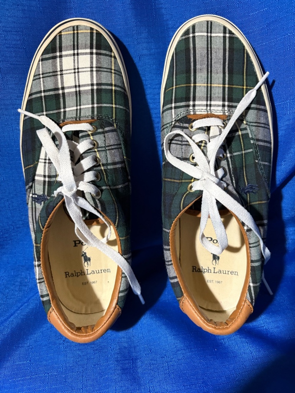 Ralph Lauren Green and White Plaid Canvas Sneakers with Tan Trim